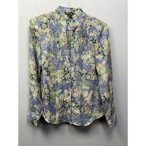 Madison Studio Blouse Womens 8 Blue Floral Pintuck Pleated Button Up Long Sleeve